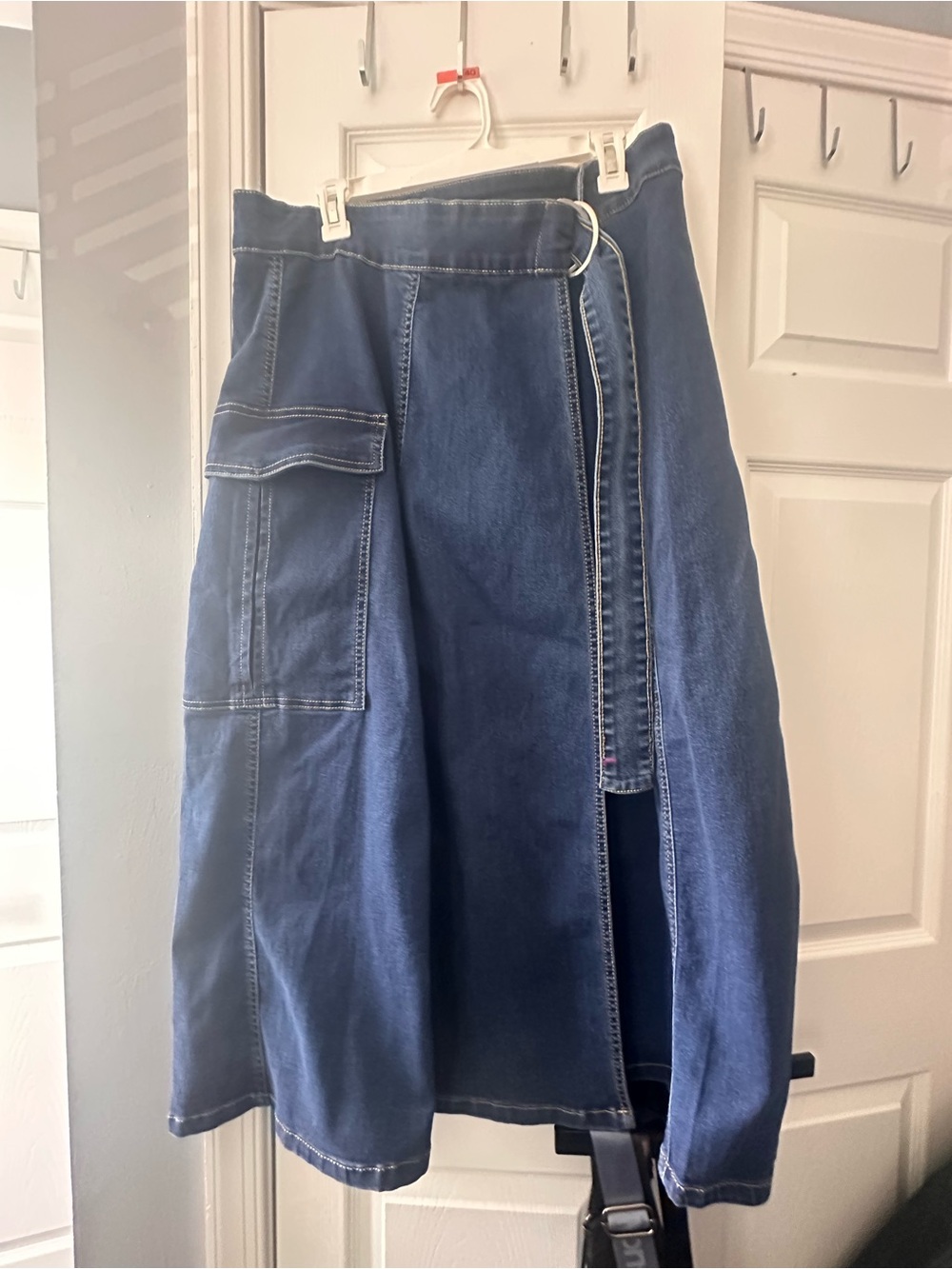 Ashley Stewart Dark Blue Denim Midi Wrap Skirt with Ring Detail.